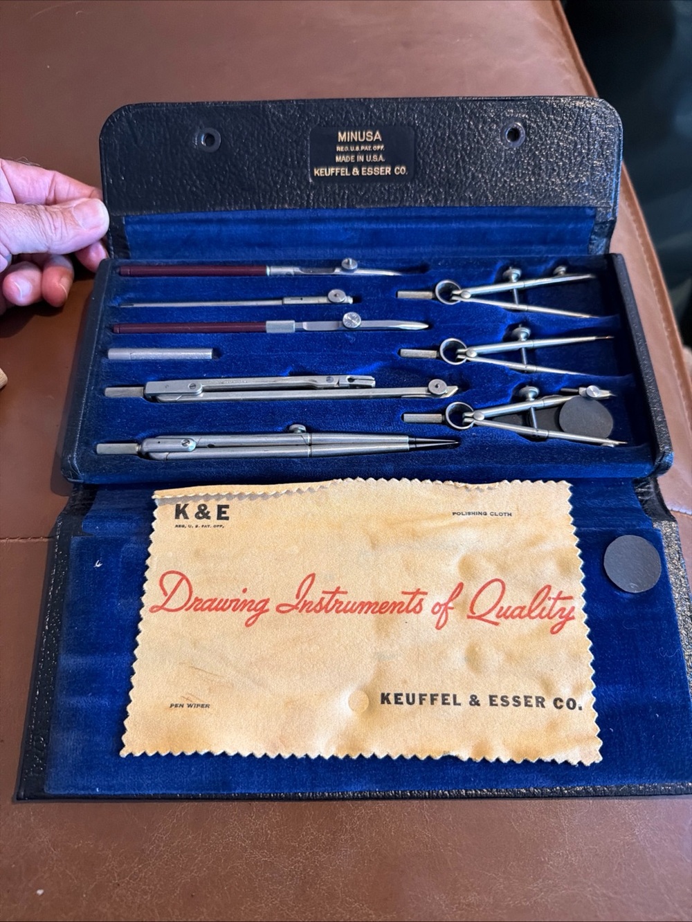 Vintage Keuffel & Esser (K&E) Minusa No. 795-8 drafting instrument set.